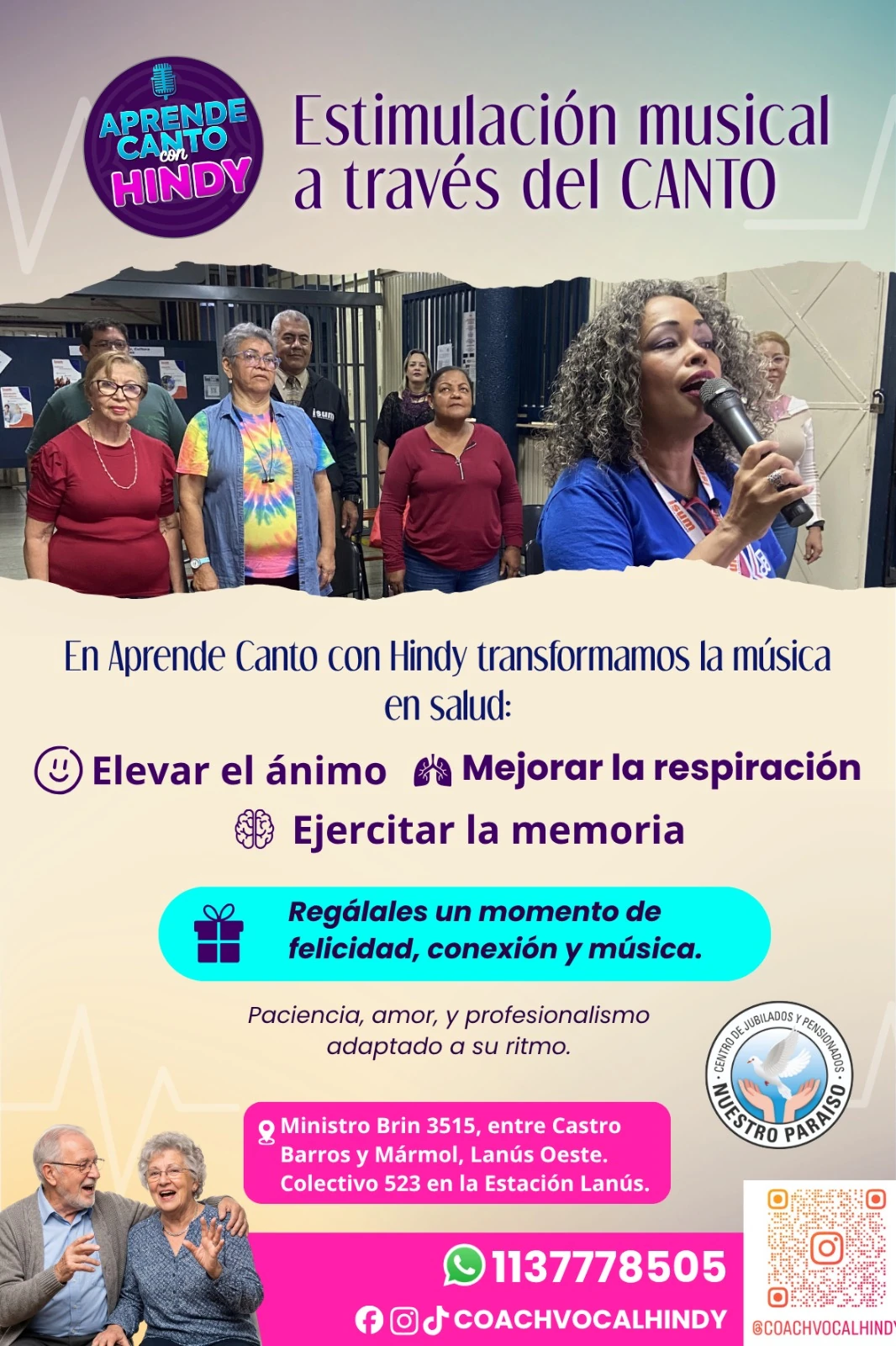 Flyer del taller de estimulación musical a través del canto para el adulto mayor en Lanús Oeste